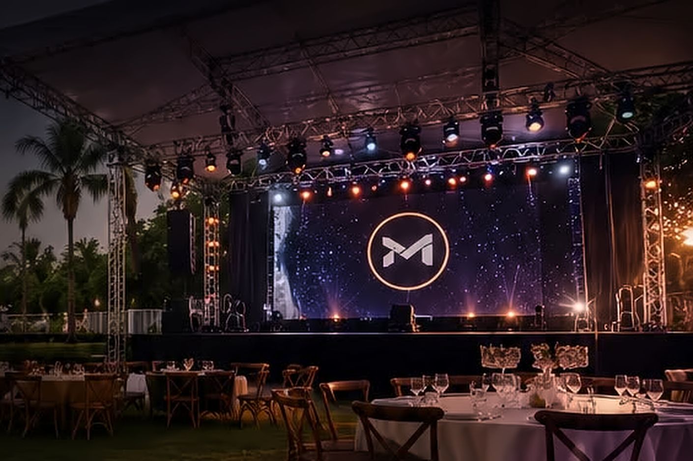 Escenario al aire libre con estructura de truss, luces robóticas y pantalla LED preparado para un evento nocturno