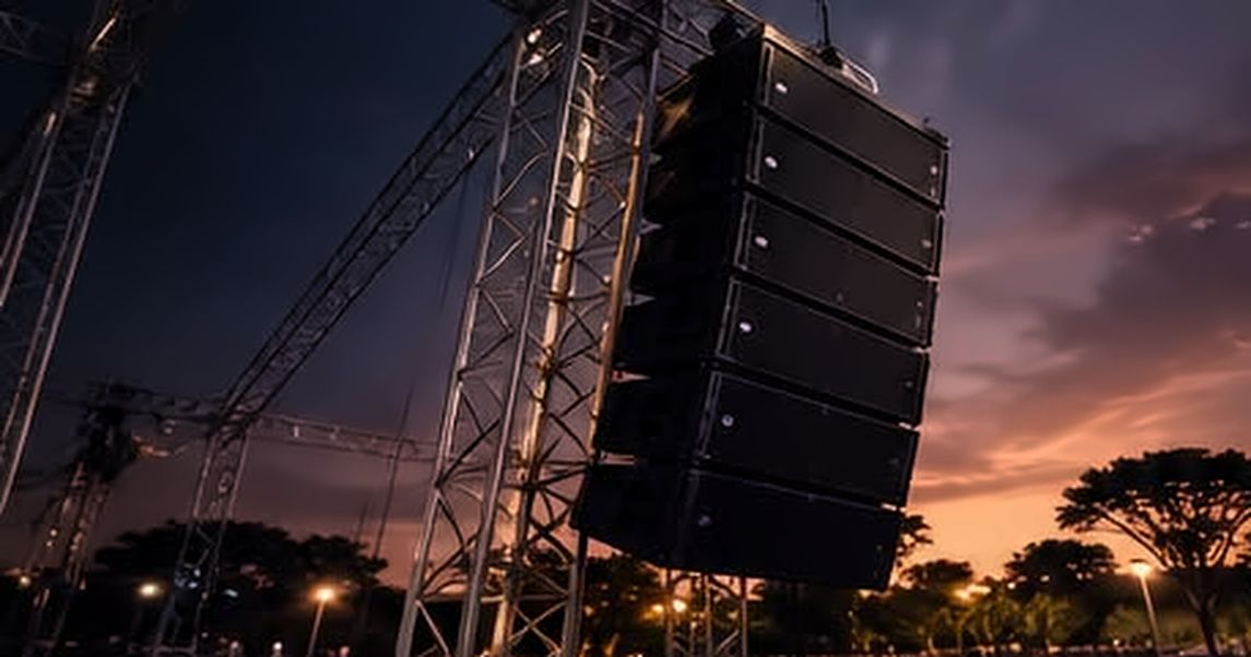 Sistema de sonido line array suspendido de una estructura de truss al atardecer